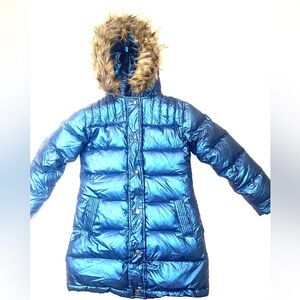Appaman Girls MetallicTurquoise Blue with Faux Fur Hood Puffer Coat Girls 10